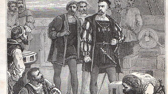 Juan de Cartagena (sentado en el suelo, abajo a la izquierda) es hecho preso en presencia de Fernando de Magallanes.