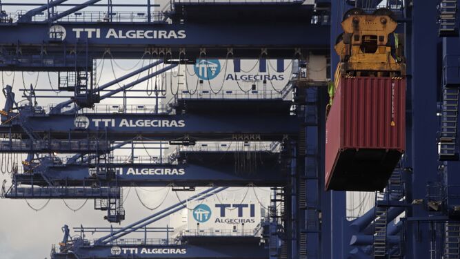 Una grúa carga un contenedor en TTI Algeciras.