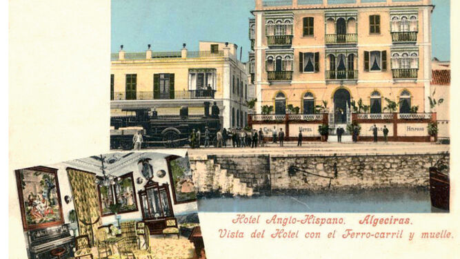Postal publicitaria editada por el Hotel Anglo-Hispano hacia 1898 (aunque fue comercializada por el hotel hasta la segunda década del siglo XX). En primer término aparece el pretil derecho del río de la Miel y, detrás, una locomotora tipo “American”.