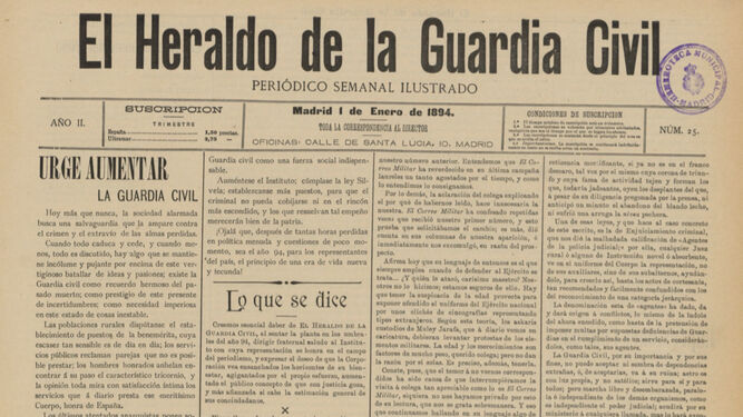 Cabecera de 'El Heraldo de la Guardia Civil' correspondiente al 1º de enero de 1894.