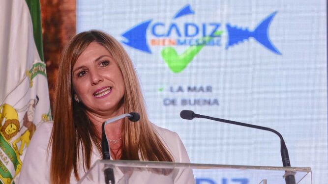 La presidenta de la Diputación, Irene García, en el acto de presentación del nuevo plan provincial, celebrado en Sanlúcar.