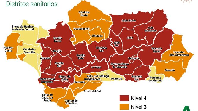 El mapa de Andalucía, dividido según el nivel de alerta por distritos sanitarios.