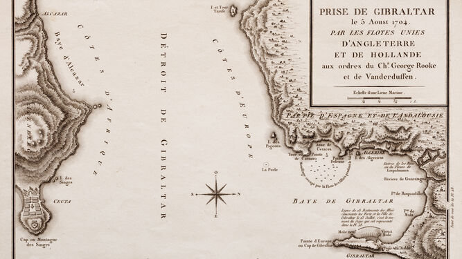 Grabado calcogr&aacute;fico con un mapa del Estrecho de Gibraltar en el que se se&ntilde;alan las operaciones de la toma de la plaza en 1704 por una flota anglo-holandesa. Corresponde a la l&aacute;mina n&uacute;mero 27 de la obra de Fran&ccedil;ois Dequevauviller y del ingeniero Nicol&aacute;s Ozanne.  1797