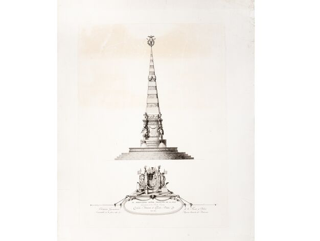 Grabado calcogr&aacute;fico con la imagen del obelisco proyectado para la Plaza Alta de Algeciras en 1807, conocida tambi&eacute;n como Plaza del Almirante, y dedicado al Pr&iacute;ncipe de la Paz, Manuel Godoy. 1807
