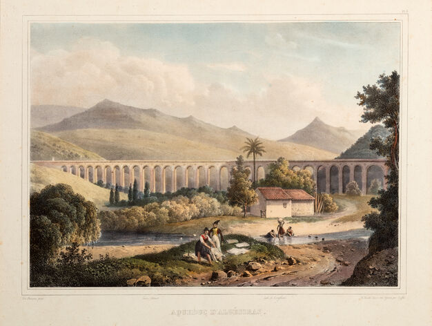 Acueducto de Algeciras  Vista paisaj&iacute;stica del acueducto  en 1826 en litograf&iacute;a coloreada, del artista franc&eacute;s Louis Auguste de Sainson.