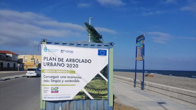 El cartel que anuncia el Plan de Arbolado en el paseo marítimo de Levante.
