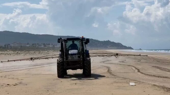 Uno de los tractores que realizaron la fumigación de la playa.