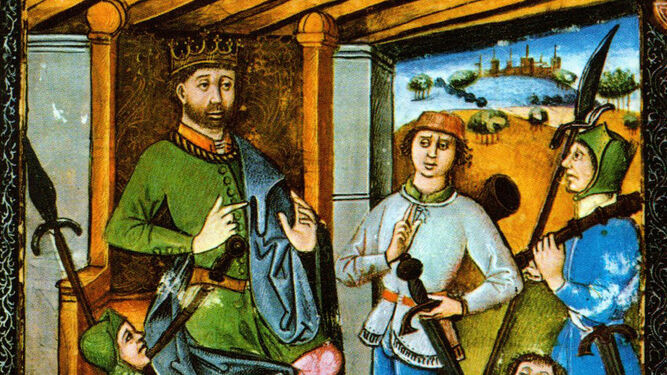 Alfonso XI con sus monteros (Libro de la Montería, 1346).