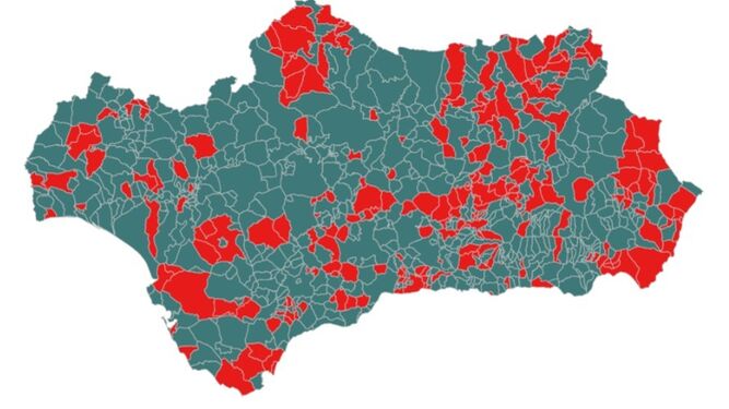 En rojo, los municipios que quedan confinados perimetralmente este domingo.