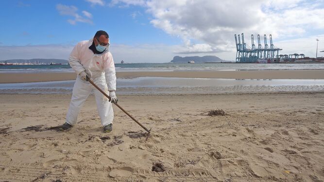 Un operario recoge restos de fuel en la playa del Rinconcillo.
