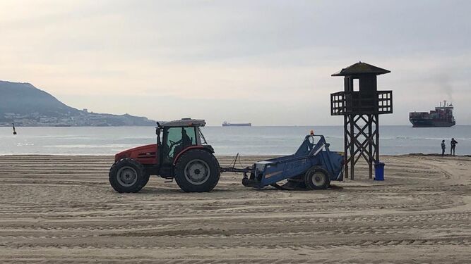 Tareas de limpieza, en la playa de Palmones