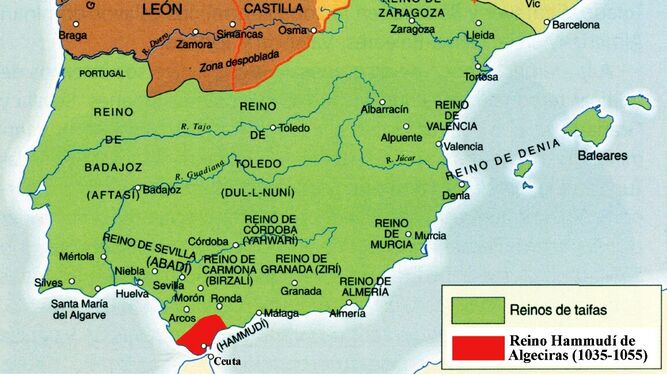 Mapa con la extensión del reino taifa de Algeciras una vez separado de Málaga en 1035.