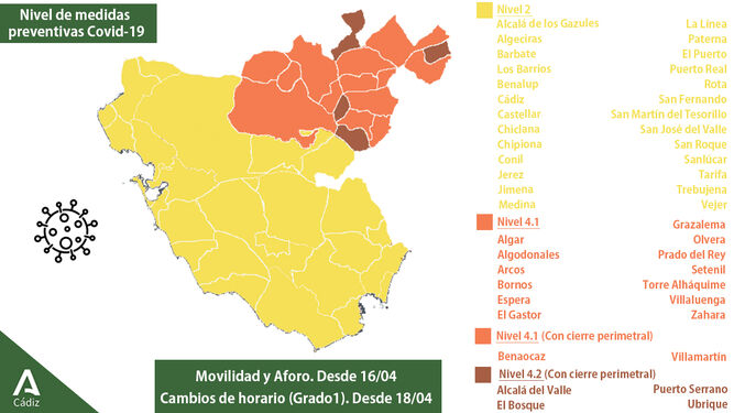 Mapa con los niveles de riesgo en la provincia de Cádiz.