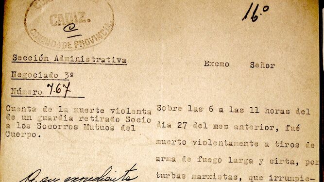 Informe sobre la muerte violenta del guardia 2º retirado Bernardino Romero Romero el 27 de julio de 1936.