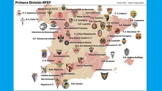 El mapa de los clubes participantes en la Primera RFEF.