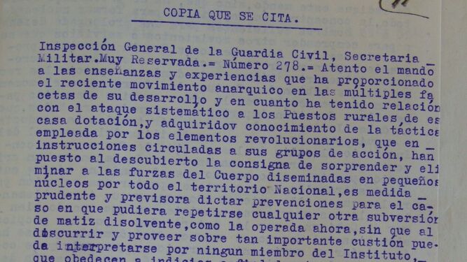 Copia de la Circular Muy Reservada”, núm. 278, de 16 de diciembre de 1933, de la Inspección General de la Guardia Civil.