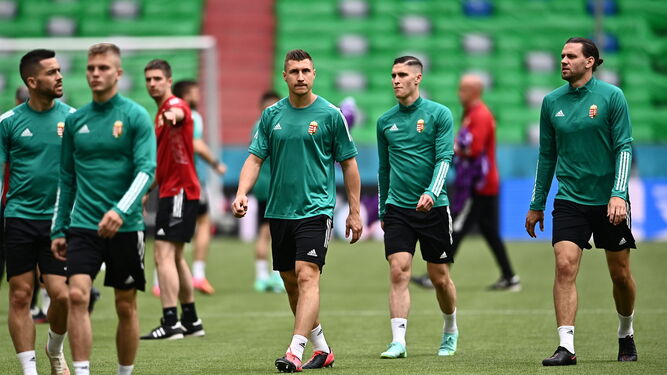 Los jugadores de Hungría, en la última sesión de entrenamiento sobre el césped del Allianz Arena.