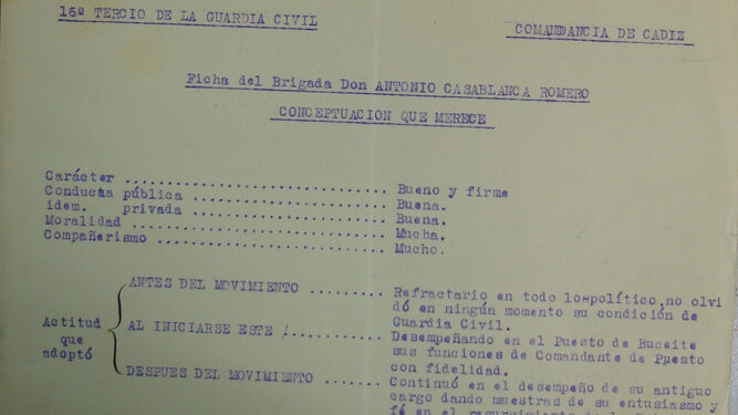 Ficha de Antonio Casablanca Romero siendo brigada de la Guardia Civil en 1937.