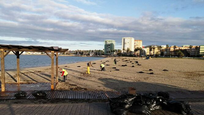 Tareas de limpieza en la playa de Poniente de La Línea.