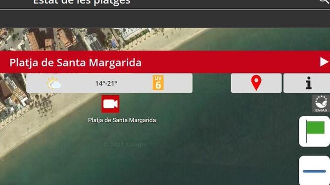 Captura de Twitter del estasdo de la playa de Santa Margarita, en Roses.