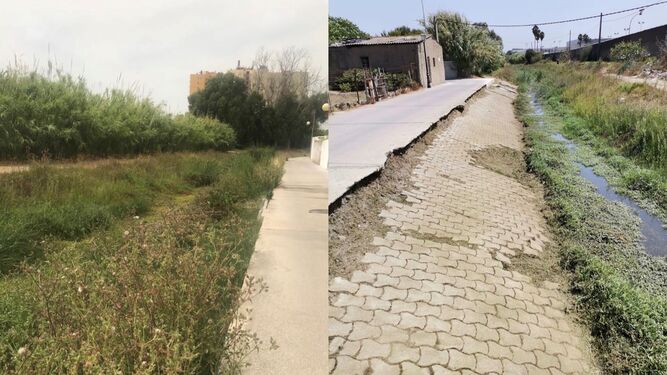 El antes y el después de los trabajos de limpieza del arroyo Cachón.