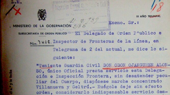 Escrito del Ministerio de la Gobernación sobre el teniente Odón Ojanguren Alonso (1939).