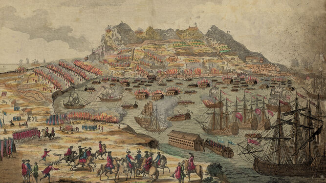 Grabado general de las operaciones terrestres y navales contra Gibraltar durante el Gran Sitio de 1779 a 1783. Véanse las baterías flotantes disparando sus cañones sobre la ciudad sitiada.