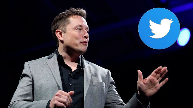 Montaje de Elon Musk mirando el logo de Twitter