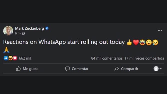 Mensaje de Mark Zuckerberg en el que anuncia las reacciones en WhatsApp