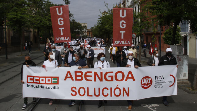Trabajadores de Abengoa se manifiestan en una de las últimas movilizaciones convocadas, en abril de 2021.