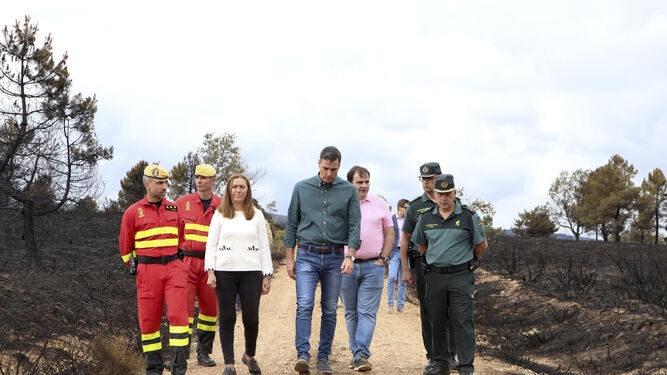 Pedro Sánchez, durante su visita las zonas afectadas por el incendio forestal en la Sierra de la Culebra (Zamora).