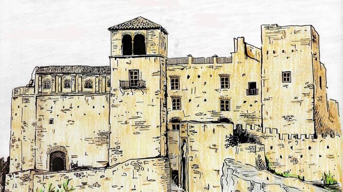 Dibujo del Alcázar a plumilla y acuarela.