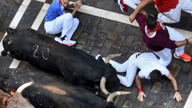Los mozos caen durante el cuarto encierro de los Sanfermines con toros de la ganadería La Palmosilla este domingo en Pamplona.