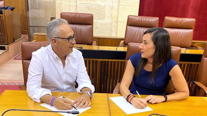 Juan Lozano y Rocío Arrabal, sentados ayer en escaños del PSOE en el Parlamento de Andalucía.
