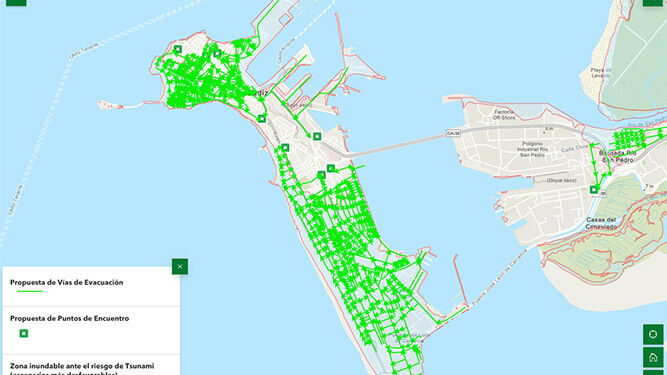Puntos de encuentro propuestos en Cádiz ante la llegada de un tsunami.
