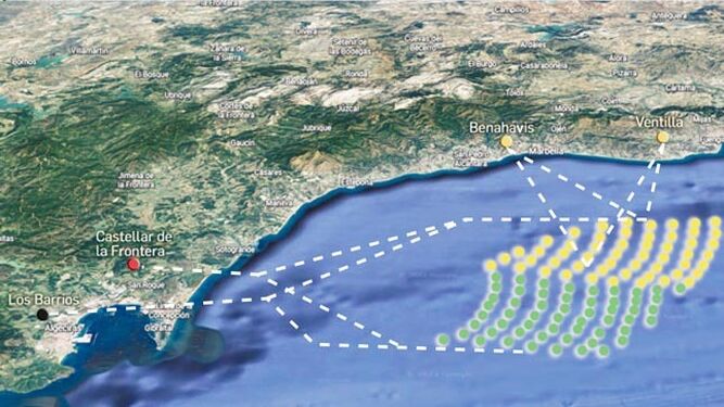 Infografía de situación del proyecto del parque eólico marino en el Estrecho.