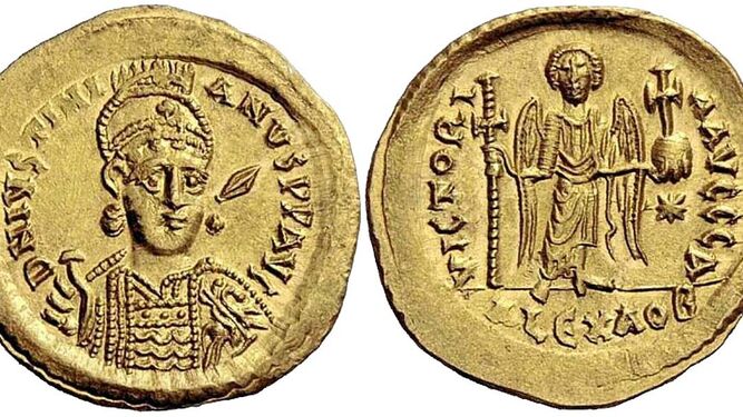 Sólido (moneda de oro) de Justiniano I acuñado en Alejandría en el año 538.