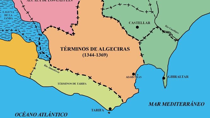Los términos de Algeciras cristiana desde la conquista de la ciudad por Alfonso XI en 1344 hasta su destrucción en torno a 1379.