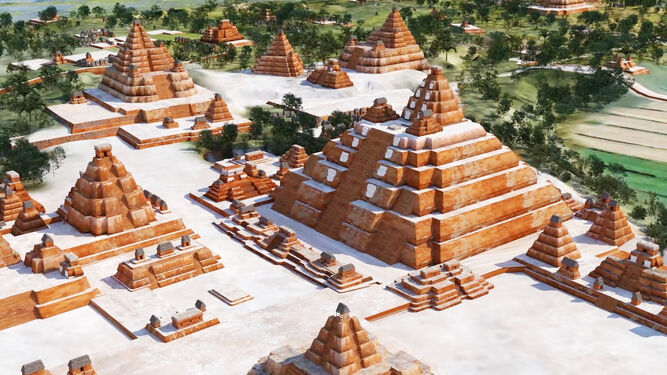 Imagen en 3D  realizada con un radar LiDAR, cedida por la Fundación FARES, del terreno de El Mirador, un asentamiento arqueológico de la civilización maya, en Guatemala.
