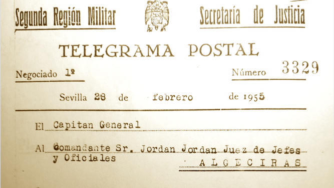 Telegrama postal del capitán general de Sevilla ordenando  en 1955 reanudar causa 47/1938 contra el capitán Lamadrid.
