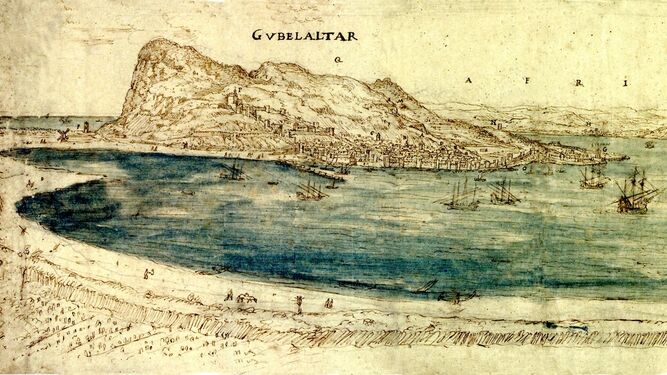 Gibraltar en el año 1567 según un dibujo de Antón Van den Wyngaerde.