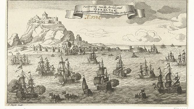 Grabado de época sobre la pérdida de Gibraltar, en 1704.