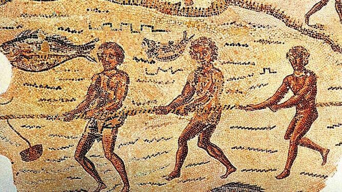 Jabegueros tirando de la jábega en un mosaico romano del siglo II d.C. (Museo del Bardo, Túnez).
