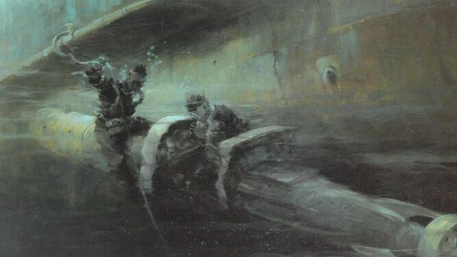 Operación de fijación de la cabeza de combate, obra del pintor Rudolf Claudus.