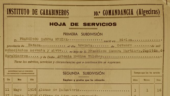 Hoja de servicios del Capitán Zamora Medina, 1936