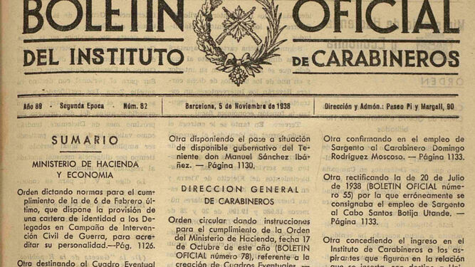 Portada del Boletín Oficial de Carabineros donde se destina al mayor Francisco Zamora Medina (1938).