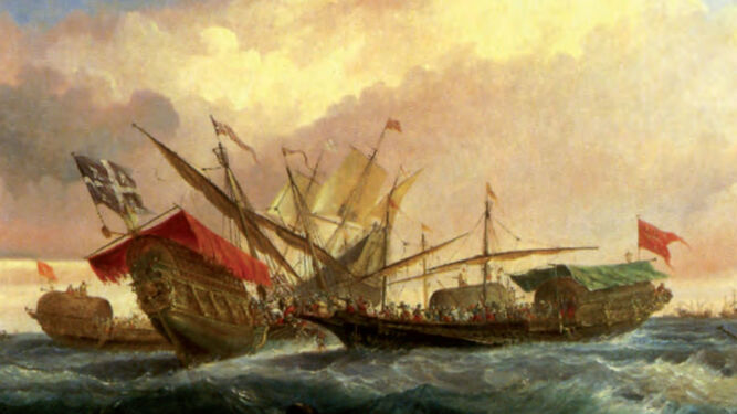 Combate naval entre las flotas castellana y musulmana en aguas del Estrecho previo al  cerco de Algeciras (Óleo de A. de Brugada, 1852, Museo Naval de Madrid).