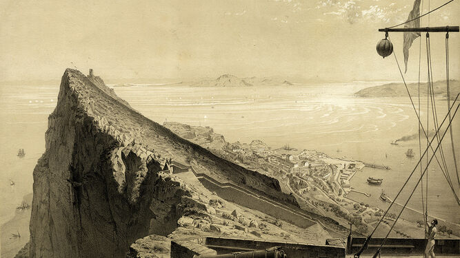 Gibraltar en el año 1854. Fotografía de Alfred Guesdon. En ella aparece una de las bolas que menciona Pérez Pericón y que servían para señalar el número de posibles barcos enemigos que se aproximaba al Peñón.