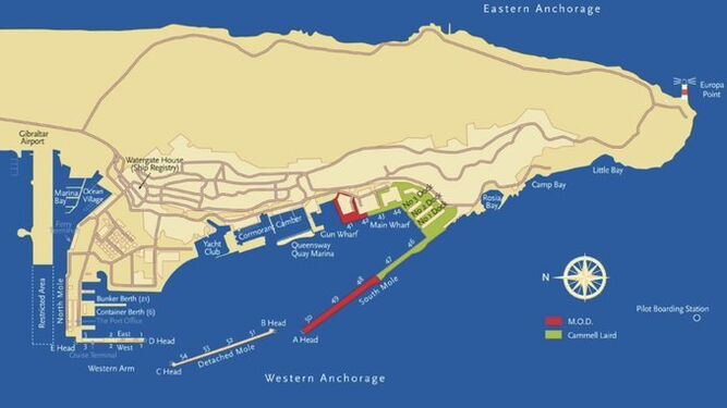En rojo, el proyecto de la futura ampliación del puerto militar de Gibraltar
