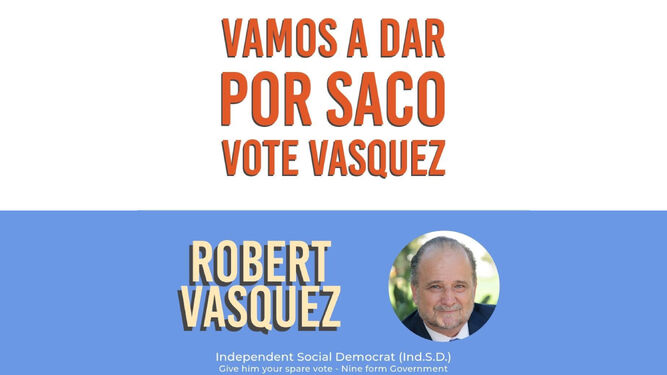 Un cartel electoral en el que Robert Vasquez pide el voto.